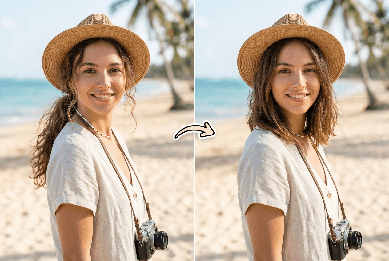 Beach vacation photo with a lob hairstyle